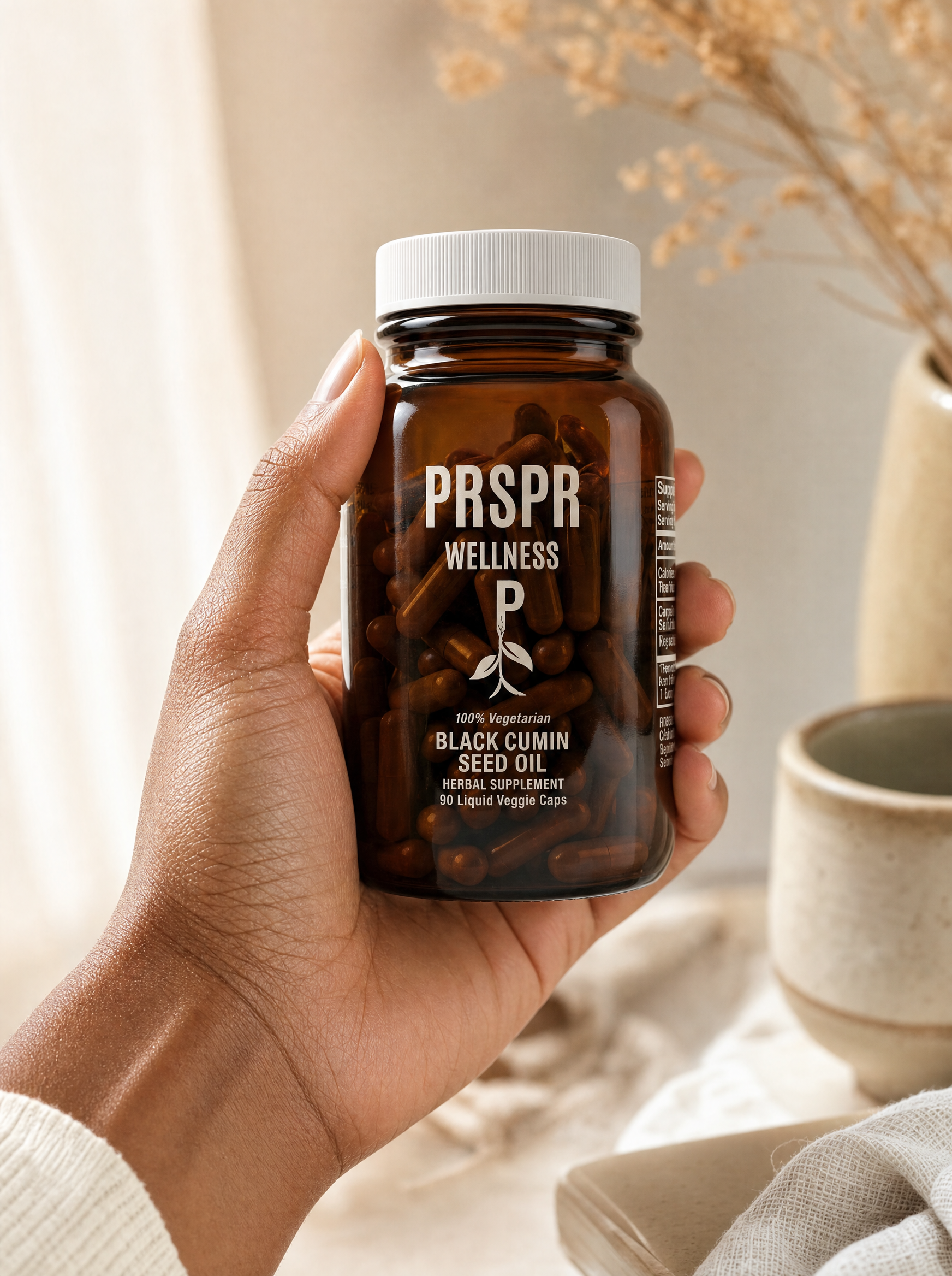 UGC-style wellness image featuring Black Seed Oil 90 Cap
