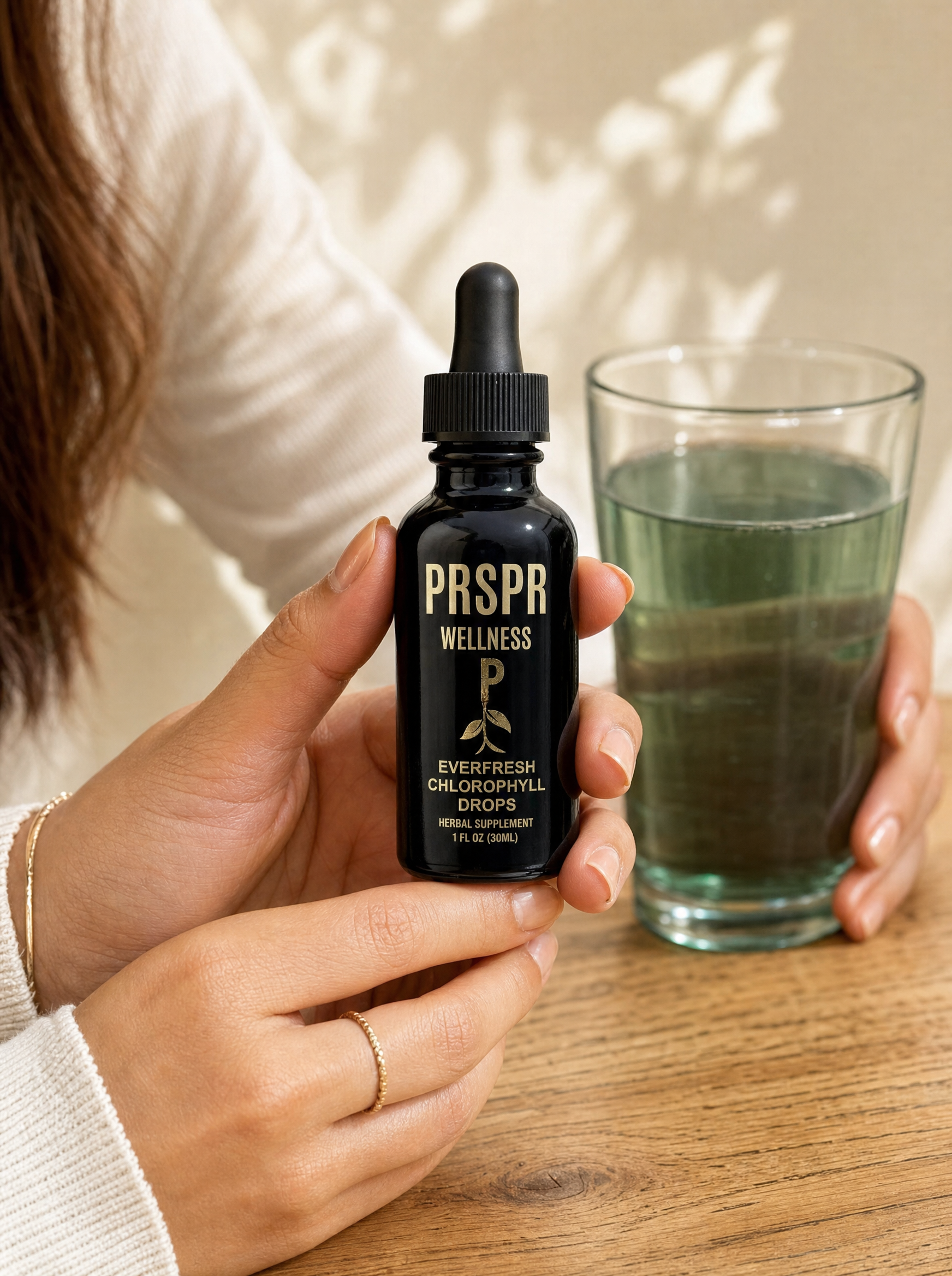 UGC-style wellness image featuring Everfresh Chlorophyll Drops