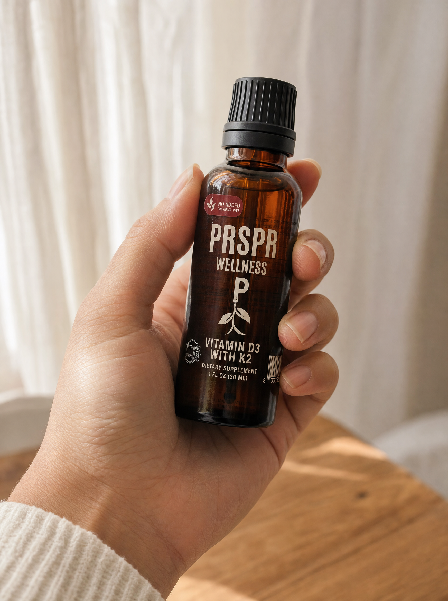 UGC-style wellness image featuring Organic Vitamin D3 + K2