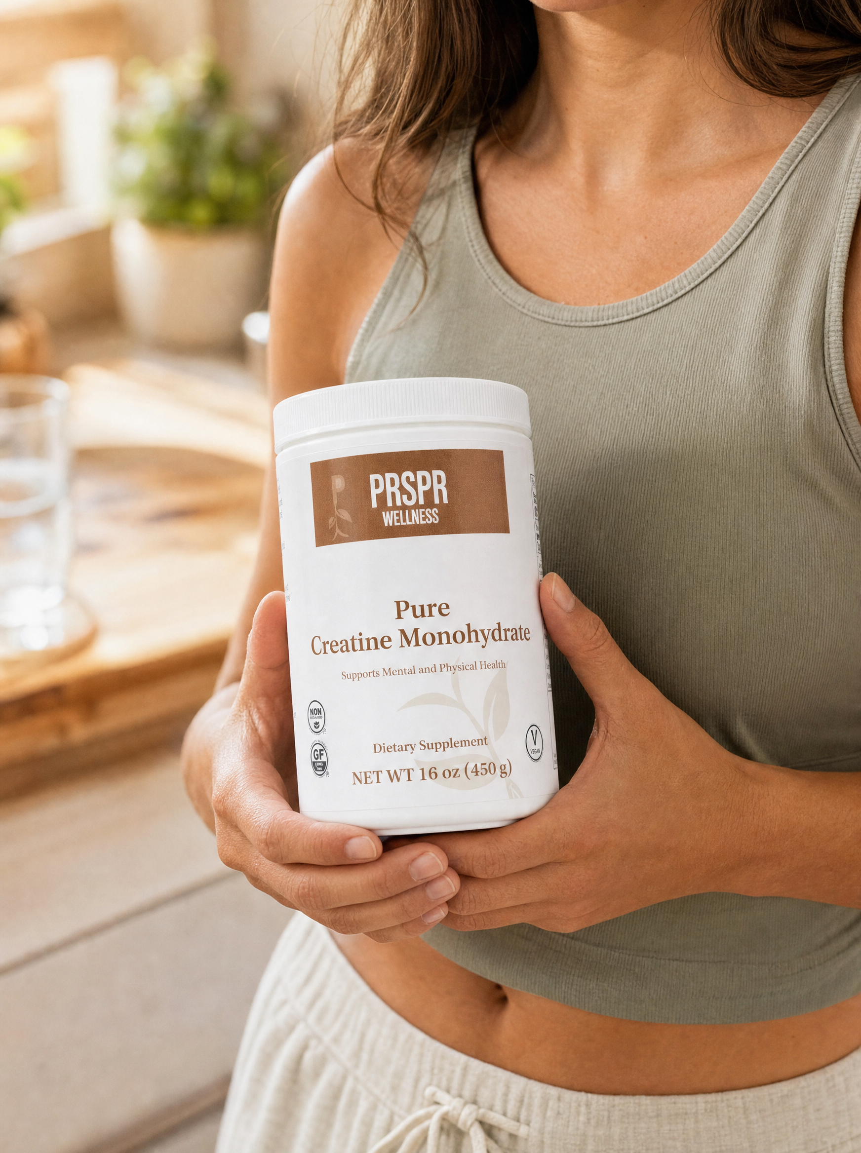 UGC-style wellness image featuring Pure Creatine Monohydrate 16oz